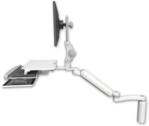 AccessMount™ Ultra 182 Arm with Paralink monitor mount desk mount, a 7.5" riser, a work surface tray and slide-out keyboard tray, and an 11" arm