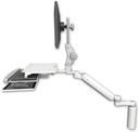 AccessMount™ Ultra 182 Arm with Paralink monitor mount desk mount, a 7.5" riser, a work surface tray and slide-out keyboard tray, and an 6" arm