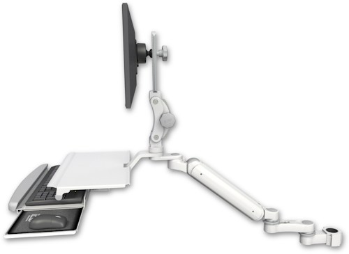 AccessMount™ Ultra 182 Arm with Paralink monitor mount mount for a 1.75" pole, a work surface tray and slide-out keyboard tray, and an 6" arm