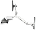 AccessMount™ Ultra 182 Heavy Duty Arm with Paralink monitor mount mount on a 19" wall track slider, a work surface tray and slide-out keyboard tray, and an 11" arm
