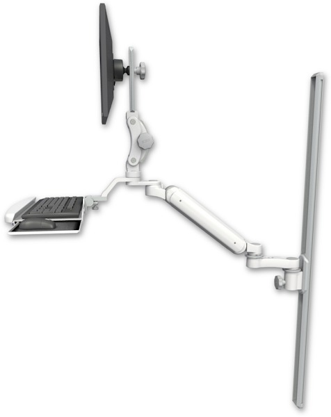 AccessMount™ Ultra 182 Heavy Duty Arm with Paralink monitor mount mount on a 50" wall track slider, a wrist-rest keyboard tray, and an 6" arm