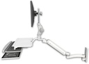AccessMount™ Ultra 182 Heavy Duty Arm with Paralink monitor mount wall mount, a work surface tray and slide-out keyboard tray, and an 11" arm
