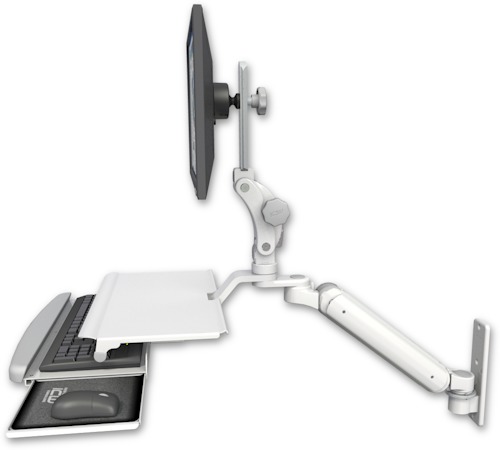 AccessMount™ Ultra 182 Heavy Duty Arm with Paralink monitor mount wall mount and a work surface tray and slide-out keyboard tray