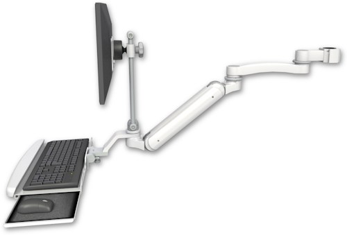 AccessMount™ Inverted Ultra 182 Arm with EV710 monitor mount mount for a 1.5" pole, a wrist-rest keyboard tray, and an 11" arm