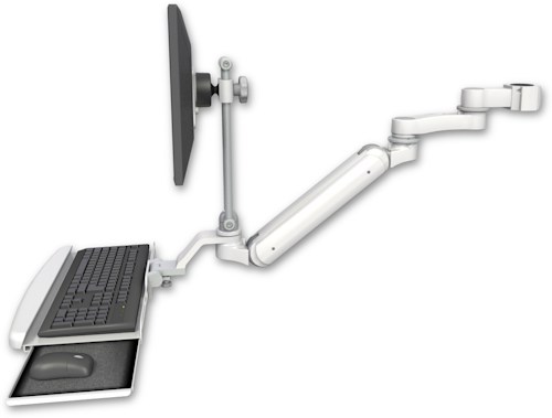 AccessMount™ Inverted Ultra 182 Arm with EV710 monitor mount mount for a 1.5" pole, a wrist-rest keyboard tray, and an 6" arm