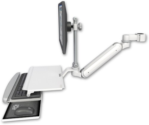 AccessMount™ Inverted Ultra 182 Arm with EV710 monitor mount mount for a 1.5" pole and a work surface tray and slide-out keyboard tray