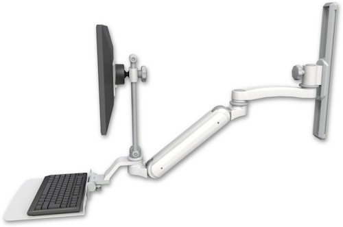 AccessMount™ Inverted Ultra 182 Arm with EV710 monitor mount mount on a 19" wall track slider, a 12" flat keyboard tray, and an 11" arm