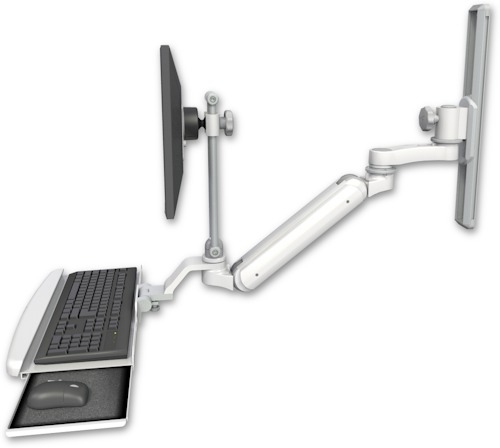 AccessMount™ Inverted Ultra 182 Arm with EV710 monitor mount mount on a 19" wall track slider, a wrist-rest keyboard tray, and an 6" arm