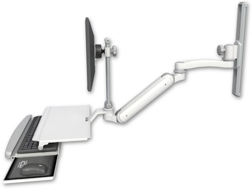 AccessMount™ Inverted Ultra 182 Arm with EV710 monitor mount mount on a 19" wall track slider, a work surface tray and slide-out keyboard tray, and an 11" arm