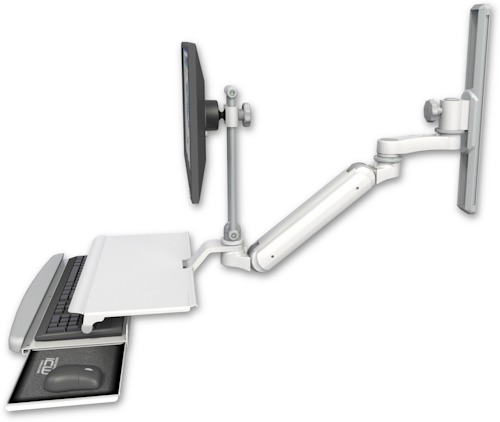 AccessMount™ Inverted Ultra 182 Arm with EV710 monitor mount mount on a 19" wall track slider, a work surface tray and slide-out keyboard tray, and an 6" arm