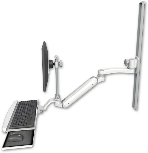 AccessMount™ Inverted Ultra 182 Arm with EV710 monitor mount mount on a 36" wall track slider, a wrist-rest keyboard tray, and an 11" arm