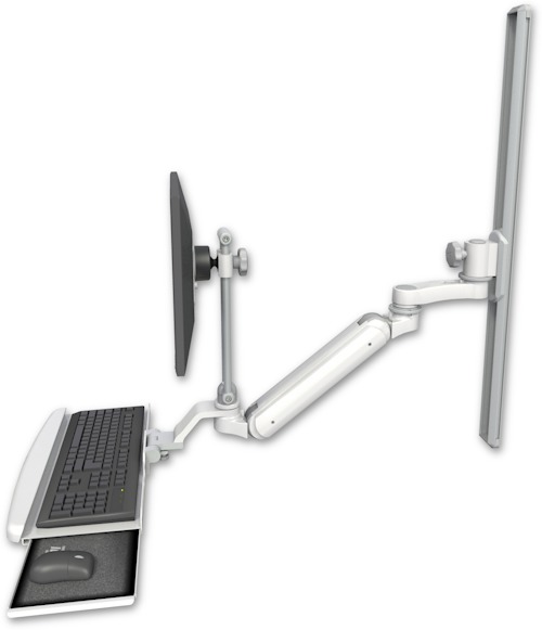 AccessMount™ Inverted Ultra 182 Arm with EV710 monitor mount mount on a 36" wall track slider, a wrist-rest keyboard tray, and an 6" arm