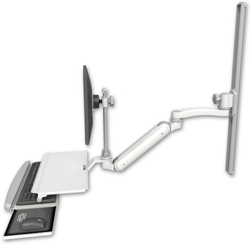 AccessMount™ Inverted Ultra 182 Arm with EV710 monitor mount mount on a 36" wall track slider, a work surface tray and slide-out keyboard tray, and an 11" arm