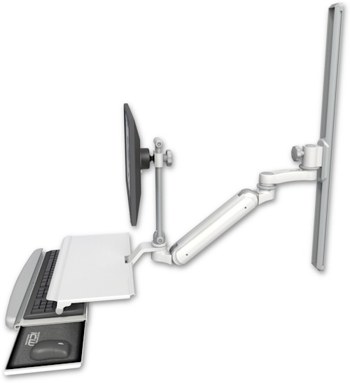 AccessMount™ Inverted Ultra 182 Arm with EV710 monitor mount mount on a 36" wall track slider, a work surface tray and slide-out keyboard tray, and an 6" arm