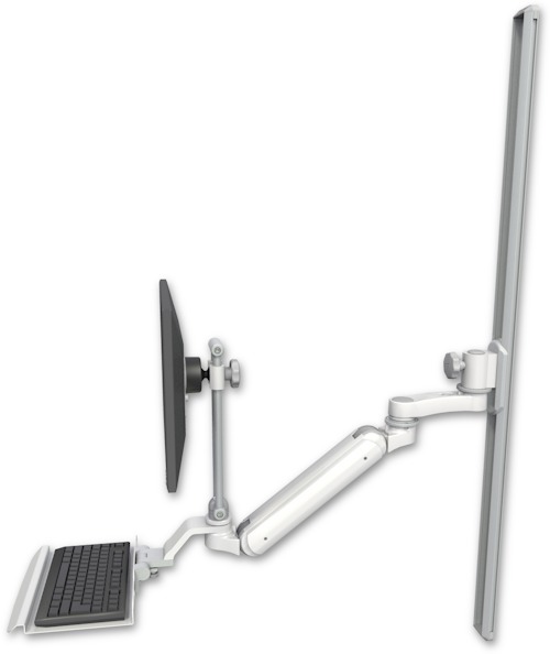 AccessMount™ Inverted Ultra 182 Arm with EV710 monitor mount mount on a 50" wall track slider, a 12" keyboard tray, and an 6" arm