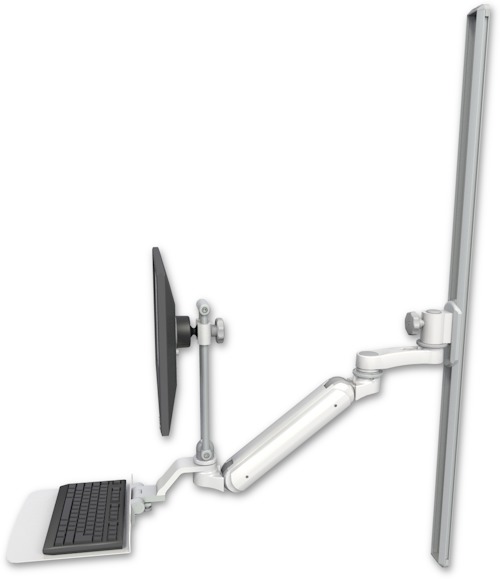 AccessMount™ Inverted Ultra 182 Arm with EV710 monitor mount mount on a 50" wall track slider, a 12" flat keyboard tray, and an 6" arm