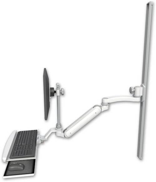 AccessMount™ Inverted Ultra 182 Arm with EV710 monitor mount mount on a 50" wall track slider, a wrist-rest keyboard tray, and an 11" arm