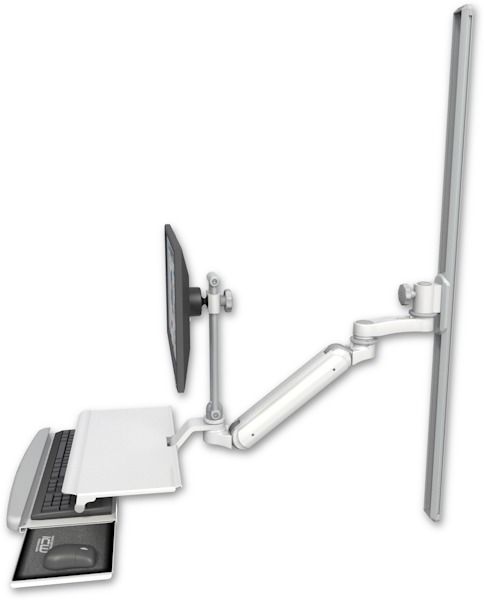AccessMount™ Inverted Ultra 182 Arm with EV710 monitor mount mount on a 50" wall track slider, a work surface tray and slide-out keyboard tray, and an 6" arm