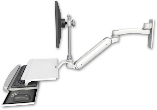 AccessMount™ Inverted Ultra 182 Arm with EV710 monitor mount wall mount, a work surface tray and slide-out keyboard tray, and an 11" arm