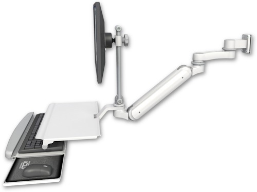 AccessMount™ Inverted Ultra 182 Arm with EV710 monitor mount 3.5" wall mount, a work surface tray and slide-out keyboard tray, and an 6" arm