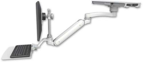 AccessMount™ Inverted Ultra 182 Arm with short EV710 monitor mount mount on a ProSlide 28" track slider, a 12" flat keyboard tray, and an 11" arm