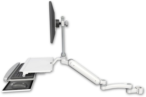 AccessMount™ Ultra 182 Heavy Duty Arm with EV710 monitor mount mount for a 2" pole, a work surface tray and slide-out keyboard tray, and an 11" arm