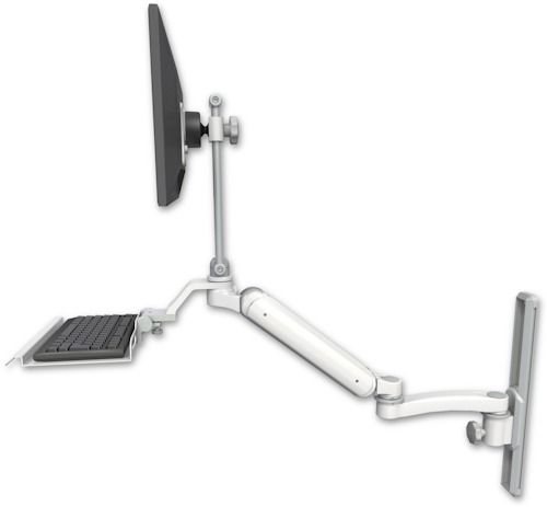 AccessMount™ Ultra 182 Heavy Duty Arm with EV710 monitor mount mount on a 19" wall track slider, a 12" keyboard tray, and an 11" arm