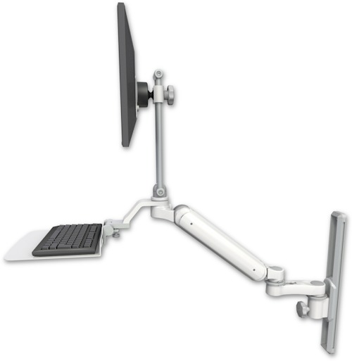 AccessMount™ Ultra 182 Heavy Duty Arm with EV710 monitor mount mount on a 19" wall track slider, a 12" flat keyboard tray, and an 6" arm