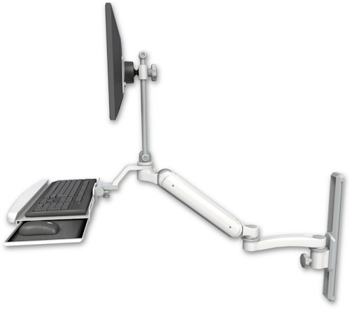 AccessMount™ Ultra 182 Heavy Duty Arm with EV710 monitor mount mount on a 19" wall track slider, a wrist-rest keyboard tray, and an 11" arm