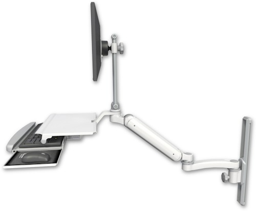 AccessMount™ Ultra 182 Heavy Duty Arm with EV710 monitor mount mount on a 19" wall track slider, a work surface tray and slide-out keyboard tray, and an 11" arm