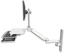 AccessMount™ Ultra 182 Heavy Duty Arm with EV710 monitor mount mount on a 19" wall track slider, a work surface tray and slide-out keyboard tray, and an 11" arm