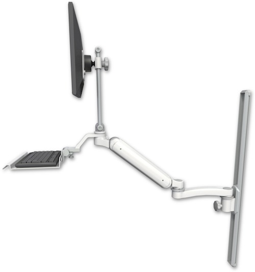AccessMount™ Ultra 182 Heavy Duty Arm with EV710 monitor mount mount on a 36" wall track slider, a 12" keyboard tray, and an 11" arm