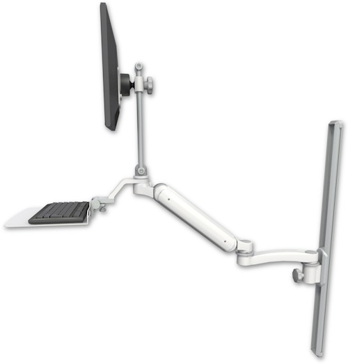 AccessMount™ Ultra 182 Heavy Duty Arm with EV710 monitor mount mount on a 36" wall track slider, a 12" flat keyboard tray, and an 11" arm