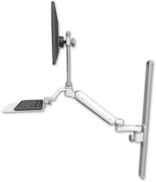 AccessMount™ Ultra 182 Heavy Duty Arm with EV710 monitor mount mount on a 36" wall track slider, a 12" flat keyboard tray, and an 6" arm
