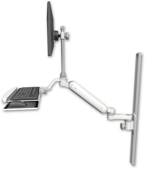 AccessMount™ Ultra 182 Heavy Duty Arm with EV710 monitor mount mount on a 36" wall track slider, a wrist-rest keyboard tray, and an 6" arm