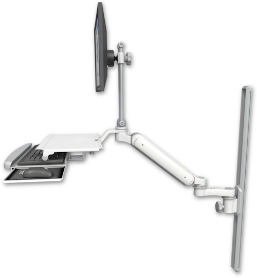 AccessMount™ Ultra 182 Heavy Duty Arm with EV710 monitor mount mount on a 36" wall track slider, a work surface tray and slide-out keyboard tray, and an 6" arm