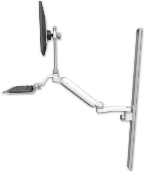 AccessMount™ Ultra 182 Heavy Duty Arm with EV710 monitor mount mount on a 50" wall track slider, a 12" keyboard tray, and an 11" arm