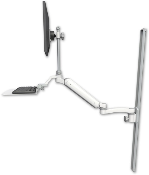 AccessMount™ Ultra 182 Heavy Duty Arm with EV710 monitor mount mount on a 50" wall track slider, a 12" flat keyboard tray, and an 11" arm