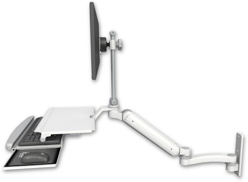 AccessMount™ Ultra 182 Heavy Duty Arm with EV710 monitor mount wall mount, a work surface tray and slide-out keyboard tray, and an 11" arm