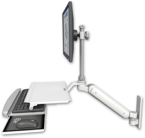 AccessMount™ Ultra 182 Heavy Duty Arm with EV710 monitor mount wall mount and a work surface tray and slide-out keyboard tray