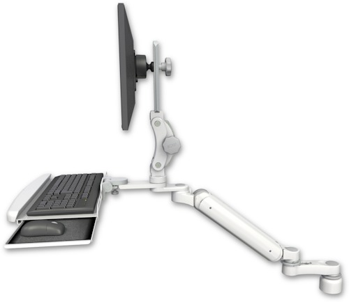 AccessMount™ Ultra 182 Heavy Duty Arm with Paralink monitor mount desk mount, a 1" riser, a wrist-rest keyboard tray, and an 6" arm