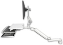 AccessMount™ Ultra 182 Heavy Duty Arm with Paralink monitor mount desk mount, a 1" riser, a work surface tray and slide-out keyboard tray, and an 11" arm