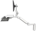 AccessMount™ Ultra 182 Heavy Duty Arm with Paralink monitor mount desk mount, a 7.5" riser, a work surface tray and slide-out keyboard tray, and an 11" arm