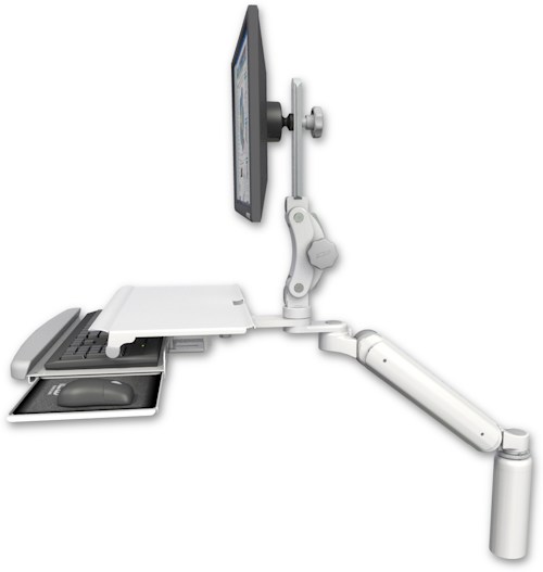 AccessMount™ Ultra 182 Heavy Duty Arm with Paralink monitor mount desk mount, a 7.5" riser, and a work surface tray and slide-out keyboard tray