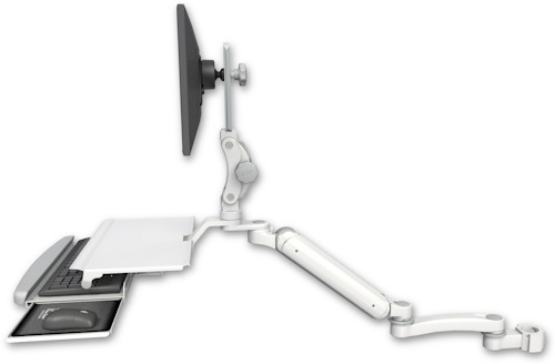 AccessMount™ Ultra 182 Heavy Duty Arm with Paralink monitor mount mount for a 2" pole, a work surface tray and slide-out keyboard tray, and an 11" arm