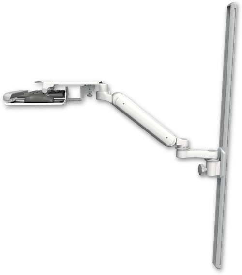 AccessMount™ Ultra 182 Heavy Duty Arm mount on a 50" wall track slider with a work surface tray and slide-out keyboard tray and an 6" arm