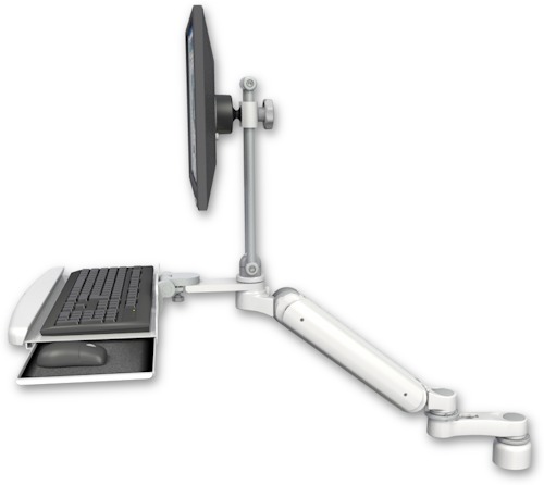 AccessMount™ Ultra 182 Heavy Duty Arm with EV710 monitor mount desk mount, a 1" riser, a wrist-rest keyboard tray, and an 6" arm