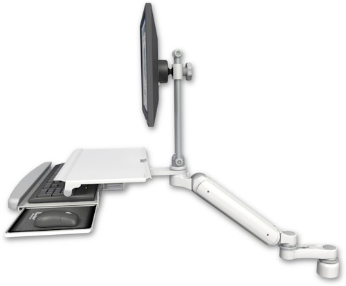 AccessMount™ Ultra 182 Heavy Duty Arm with EV710 monitor mount desk mount, a 1" riser, a work surface tray and slide-out keyboard tray, and an 6" arm