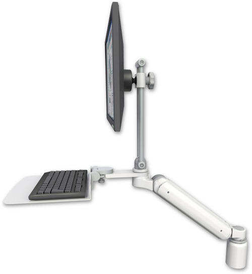 AccessMount™ Ultra 182 Heavy Duty Arm with EV710 monitor mount desk mount, a 3" riser, and a 12" flat keyboard tray