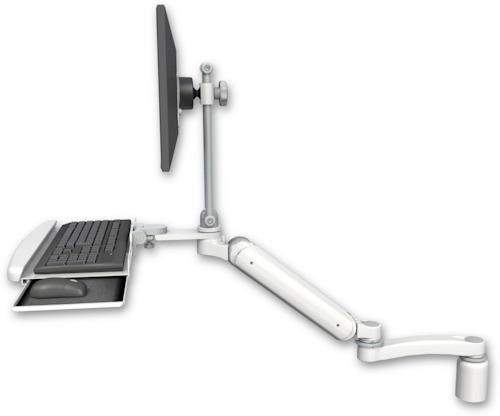 AccessMount™ Ultra 182 Heavy Duty Arm with EV710 monitor mount desk mount, a 3" riser, a wrist-rest keyboard tray, and an 11" arm